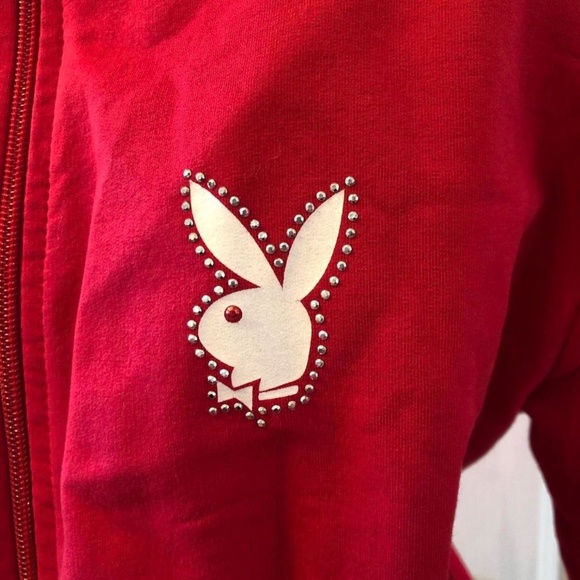 Y2k Red rhinestone Playboy zip-up sweatshirt size Large - Picture 3 of 4